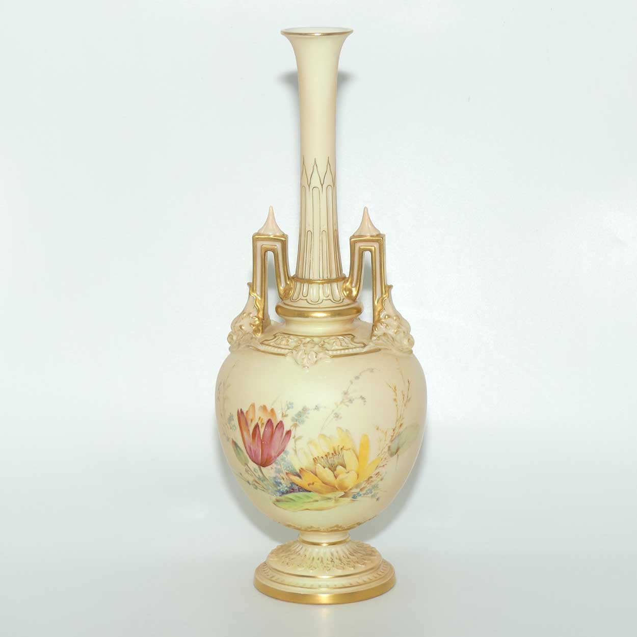 Royal Worcester Blush Ivory hand painted floral vase with spire handles (Raby)