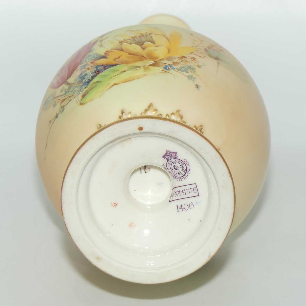 Royal Worcester Blush Ivory hand painted floral vase with spire handles (Raby)