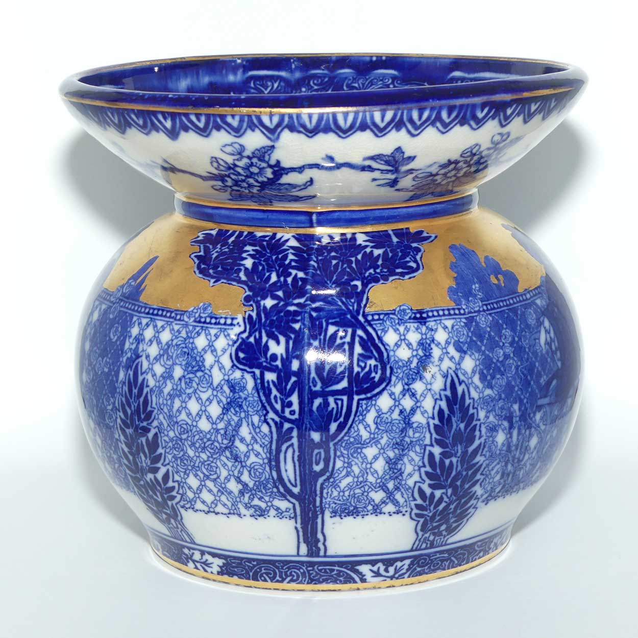 Royal Doulton Flow Blue and Gilt Morrisian fern pot | Depicts Will H. Bradley's Eastern Figures D540