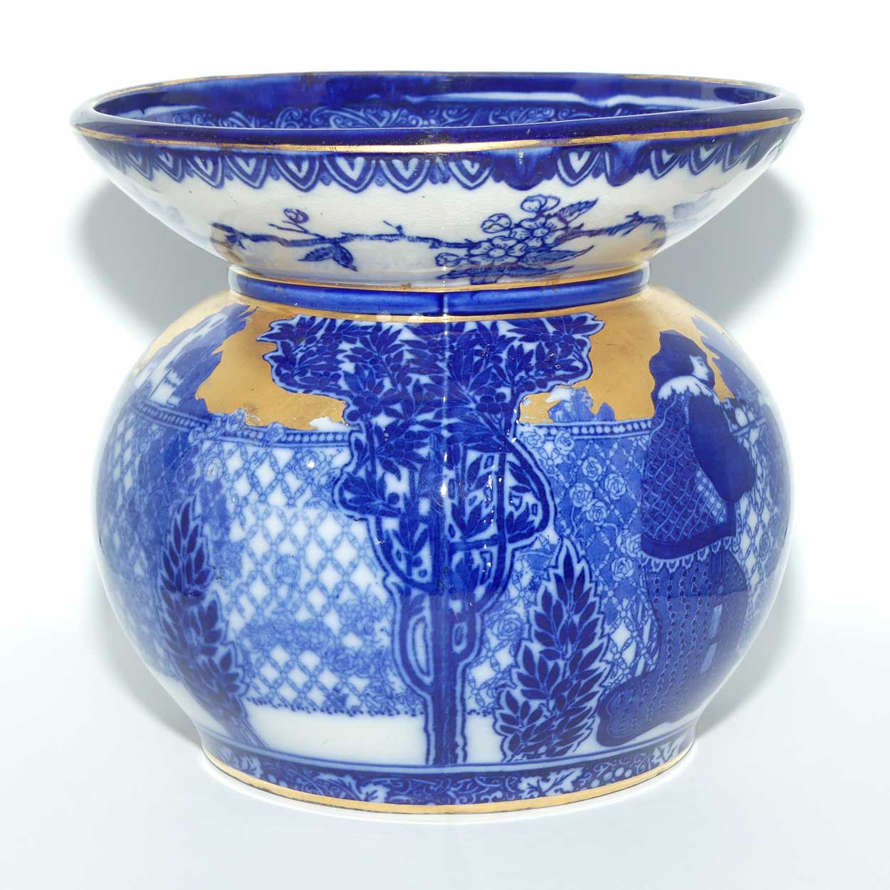 Royal Doulton Flow Blue and Gilt Morrisian fern pot | Depicts Will H. Bradley's Eastern Figures D540