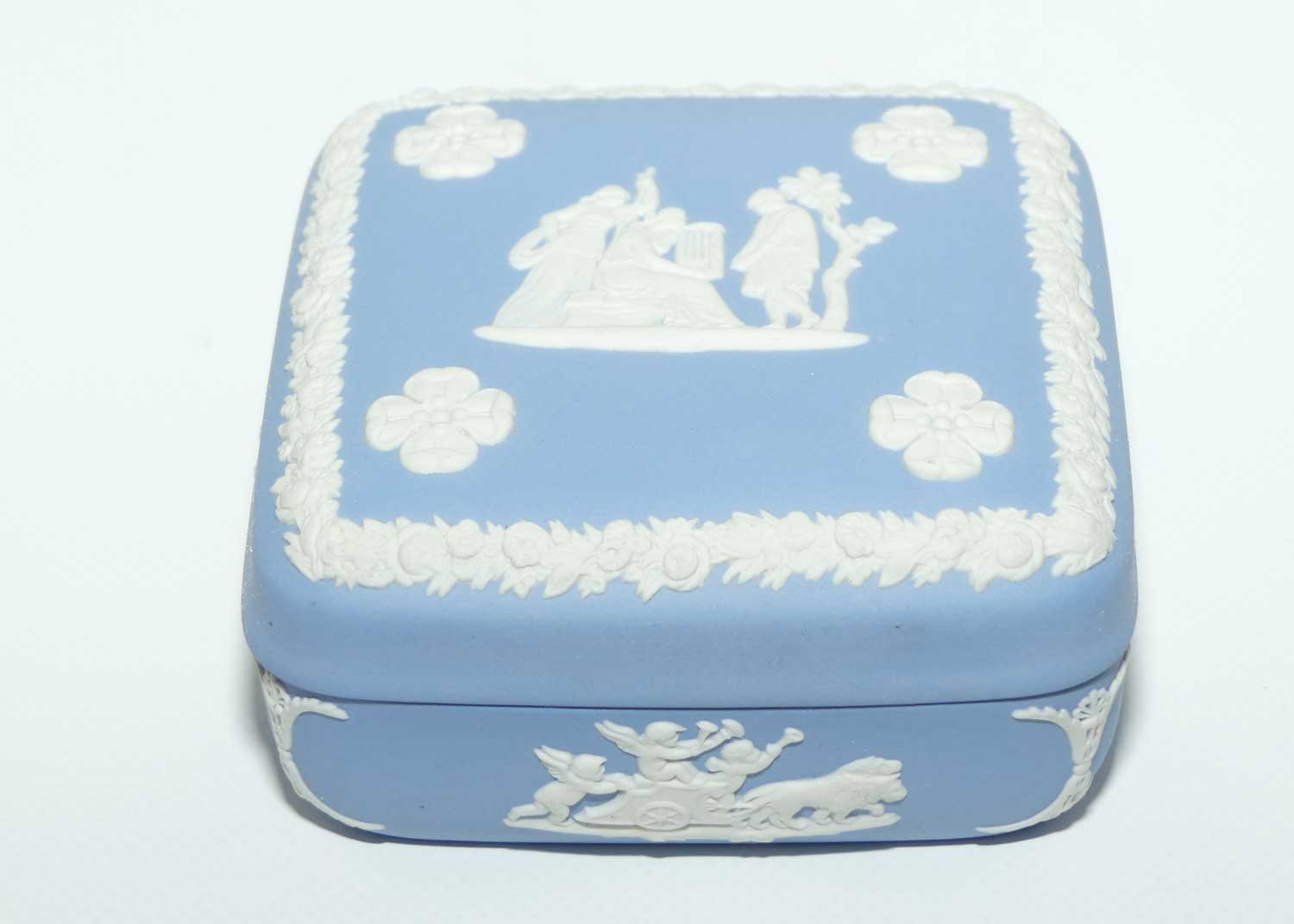 Wedgwood Jasper | White on Pale Blue | Well decorated square box | Four Leaf Clovers
