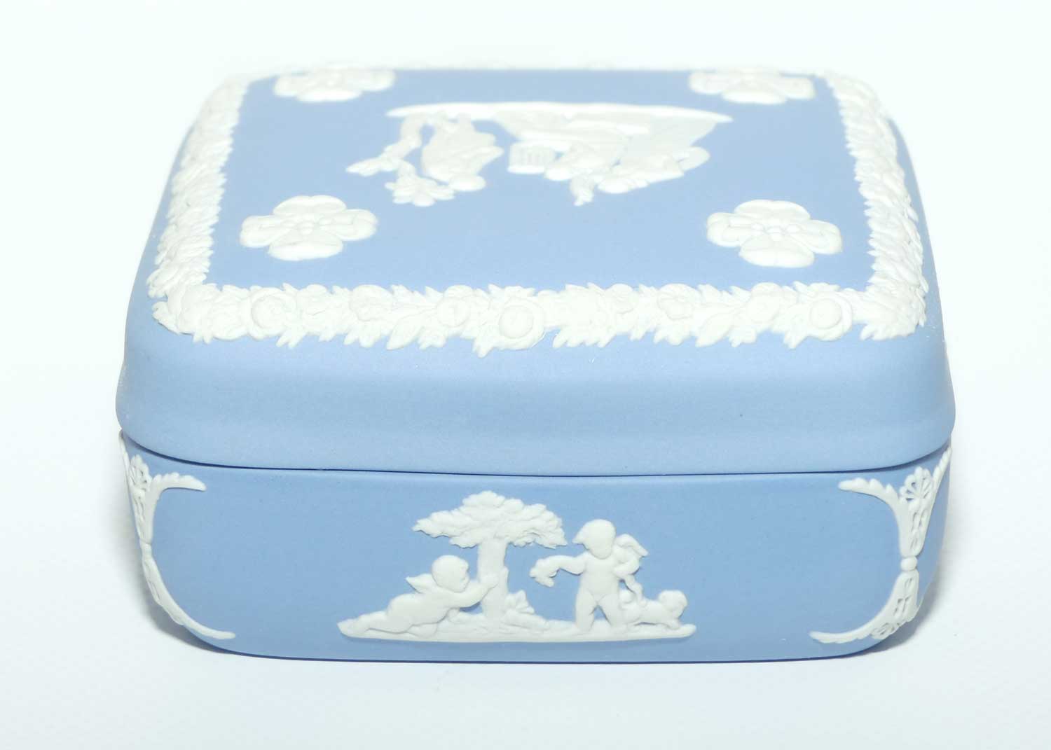 Wedgwood Jasper | White on Pale Blue | Well decorated square box | Four Leaf Clovers