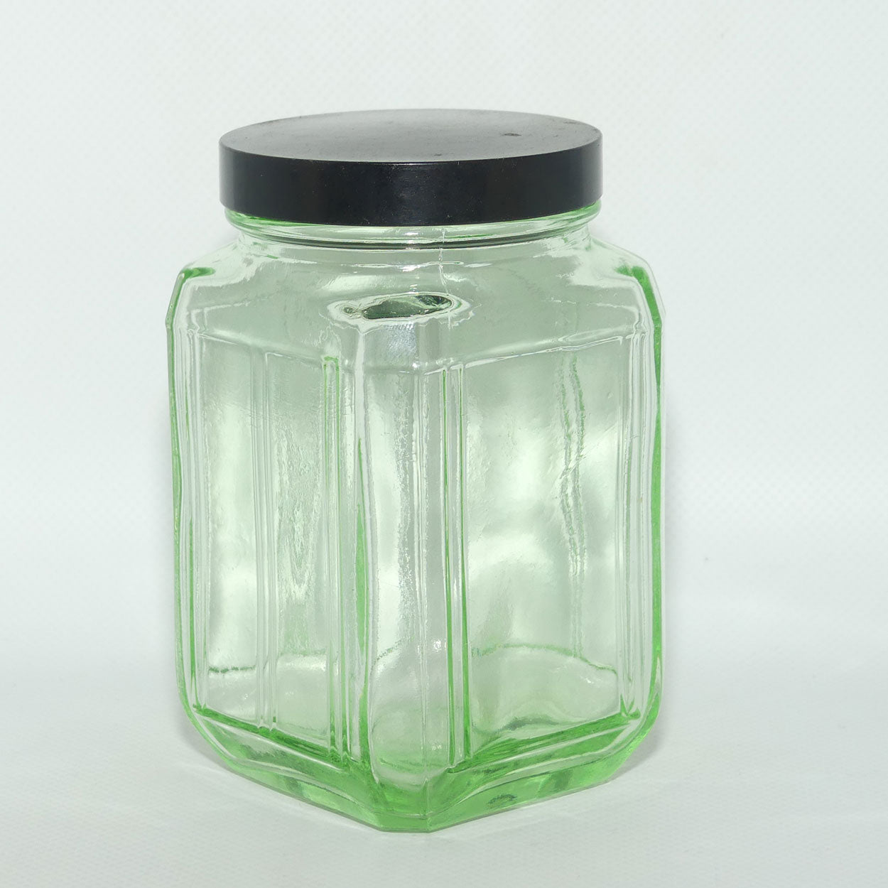 Green Glass square screw top jar | Bakelite lid | 13cm tall | #1