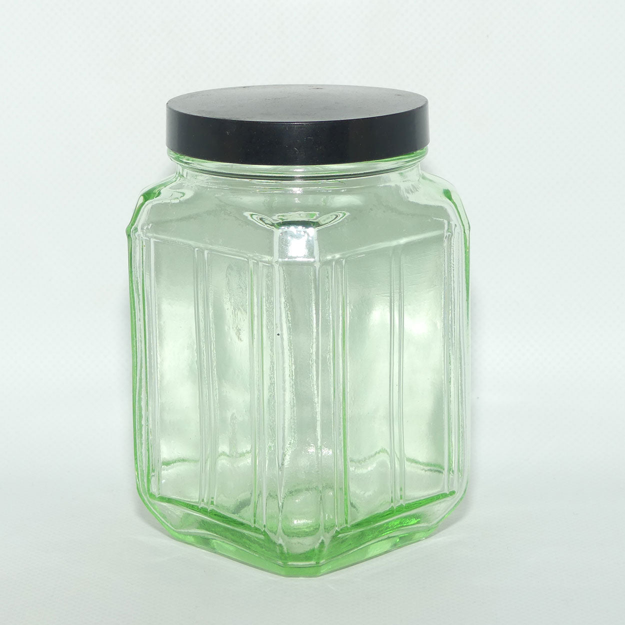 Green Glass square screw top jar | Bakelite lid | 13cm tall | #1