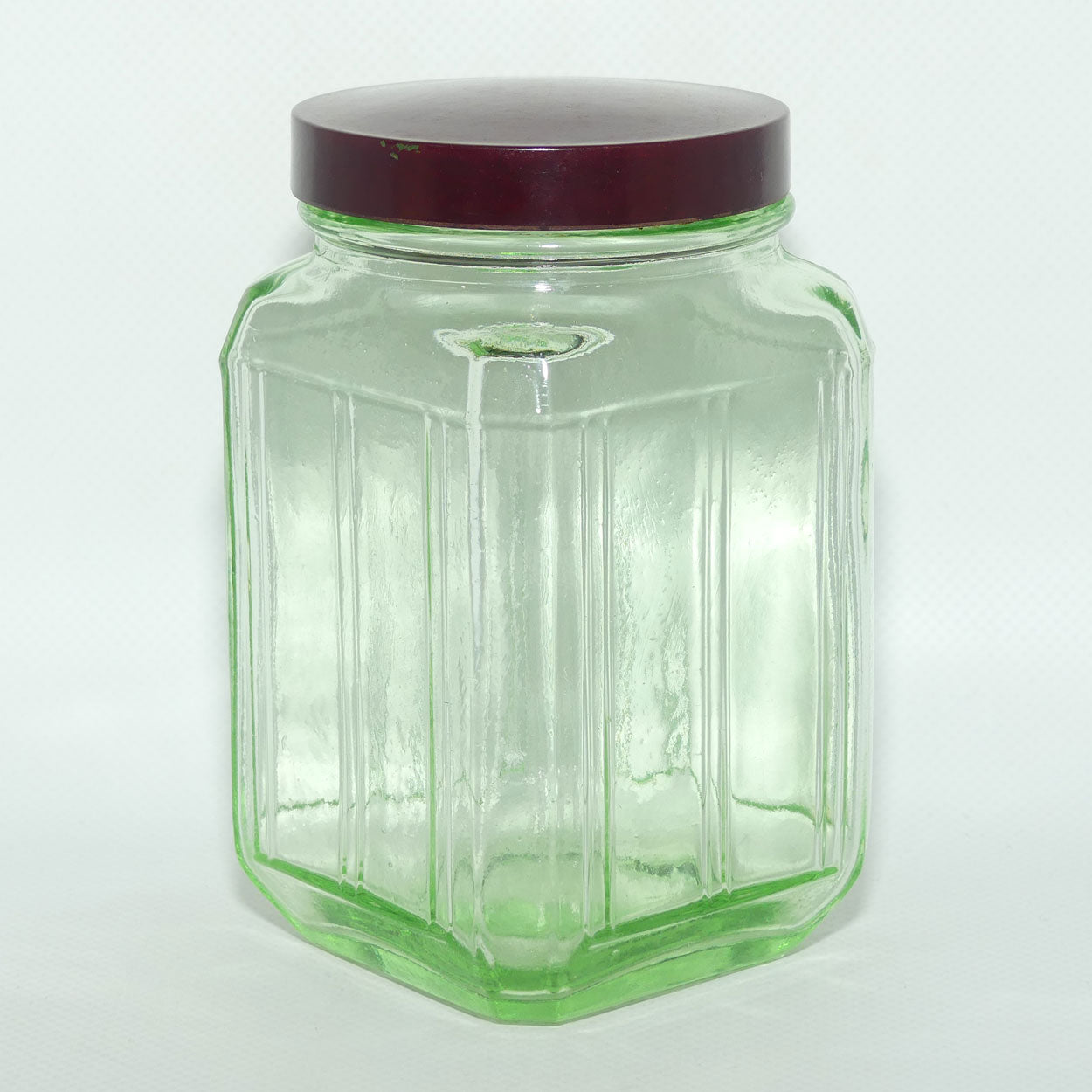 Green Glass square screw top jar | Maroon Bakelite lid | 13cm tall | #3
