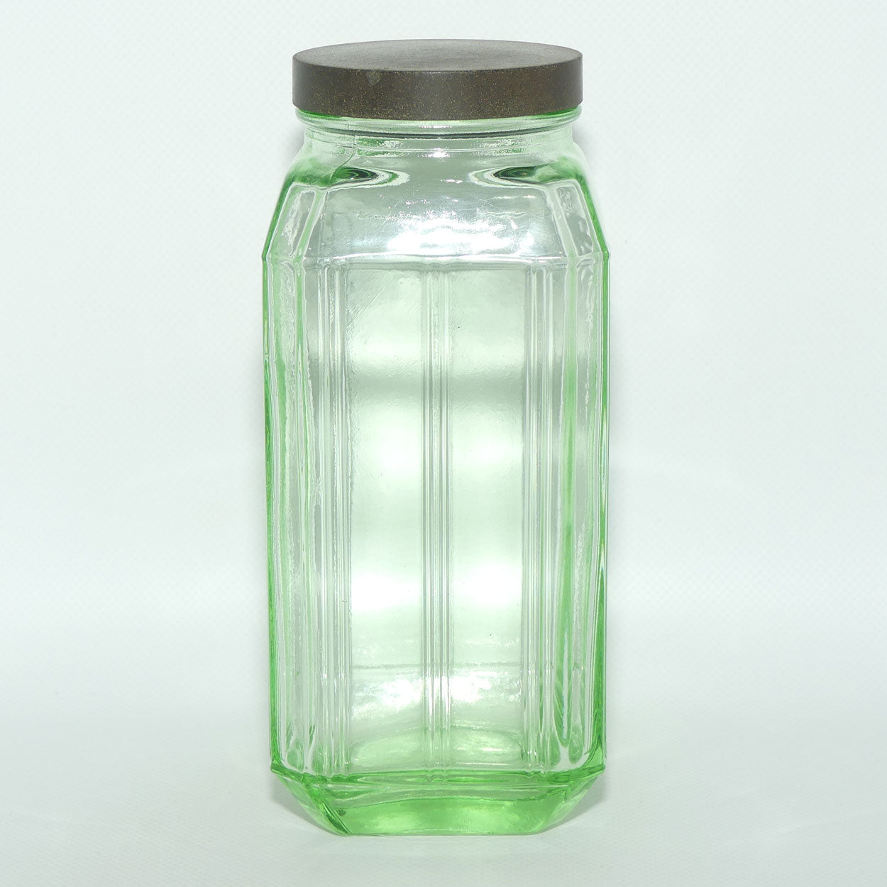 Green Glass square screw top jar | Bakelite lid | 20cm tall