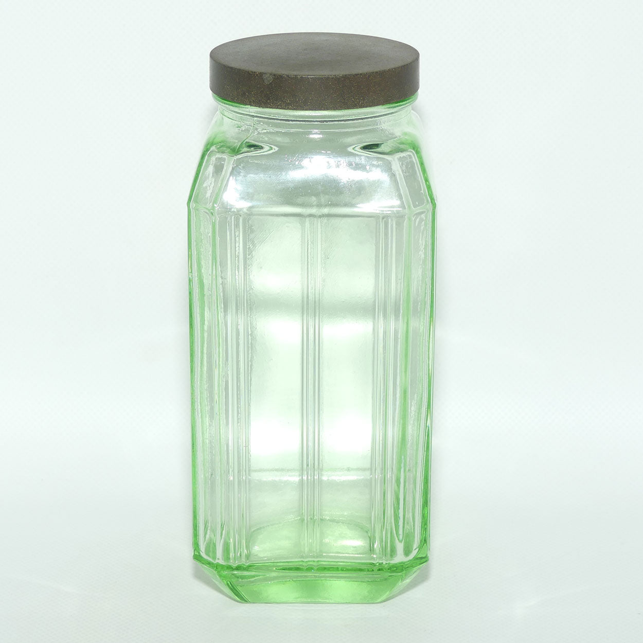 Green Glass square screw top jar | Bakelite lid | 20cm tall
