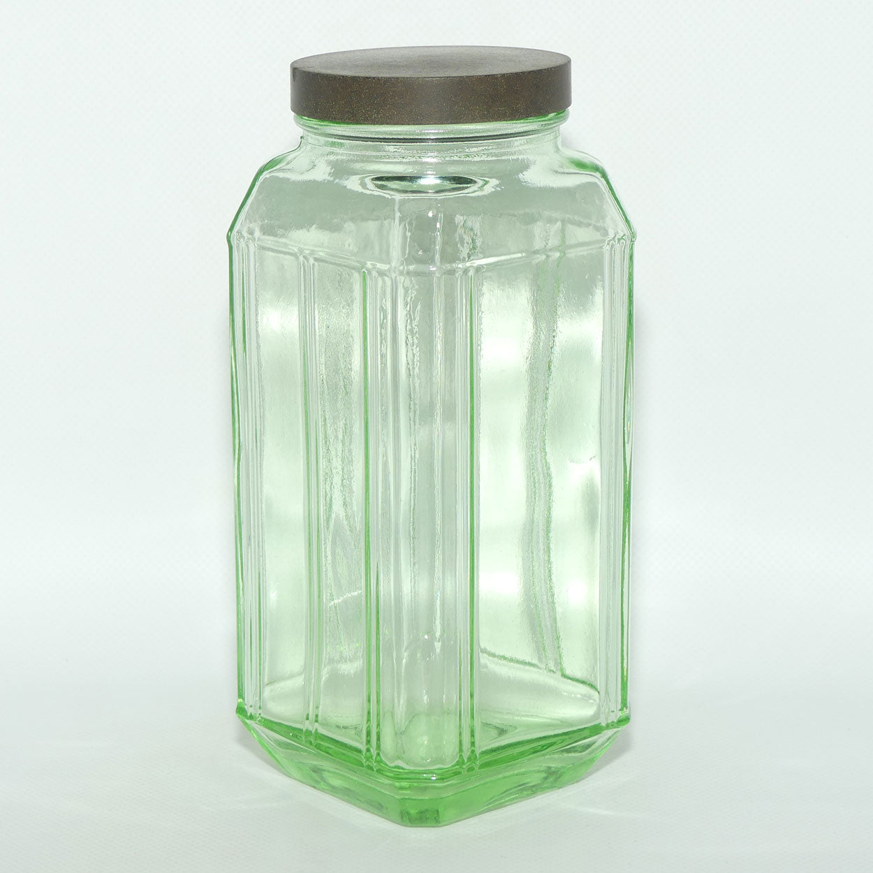 Green Glass square screw top jar | Bakelite lid | 20cm tall