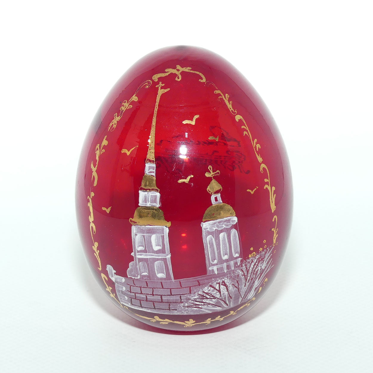 Vintage Hand Painted and Gilt on Glass Russian Glass Egg