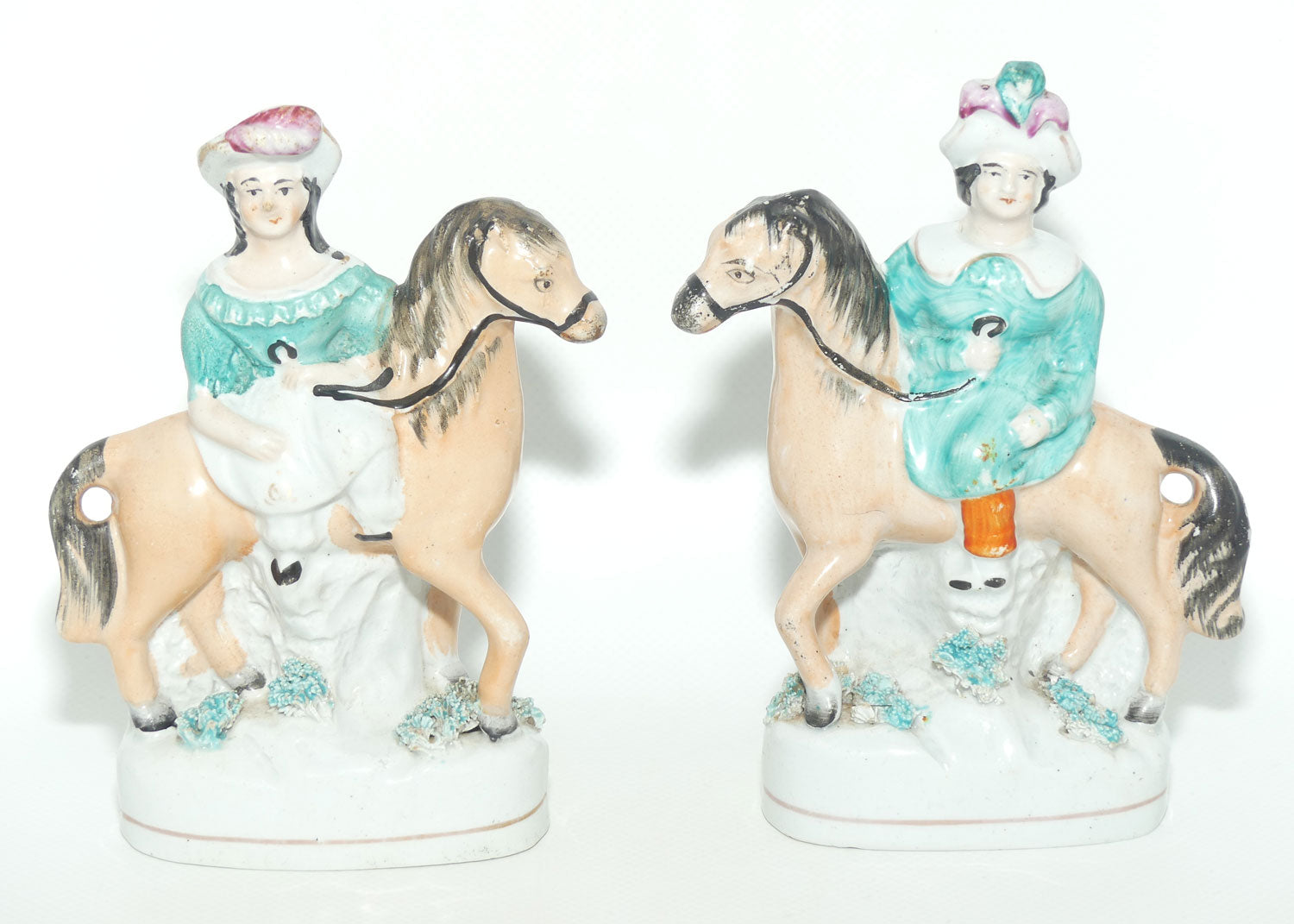 Antique Staffordshire Pottery Pair of Flatback Figures | Man and Lady on Horses