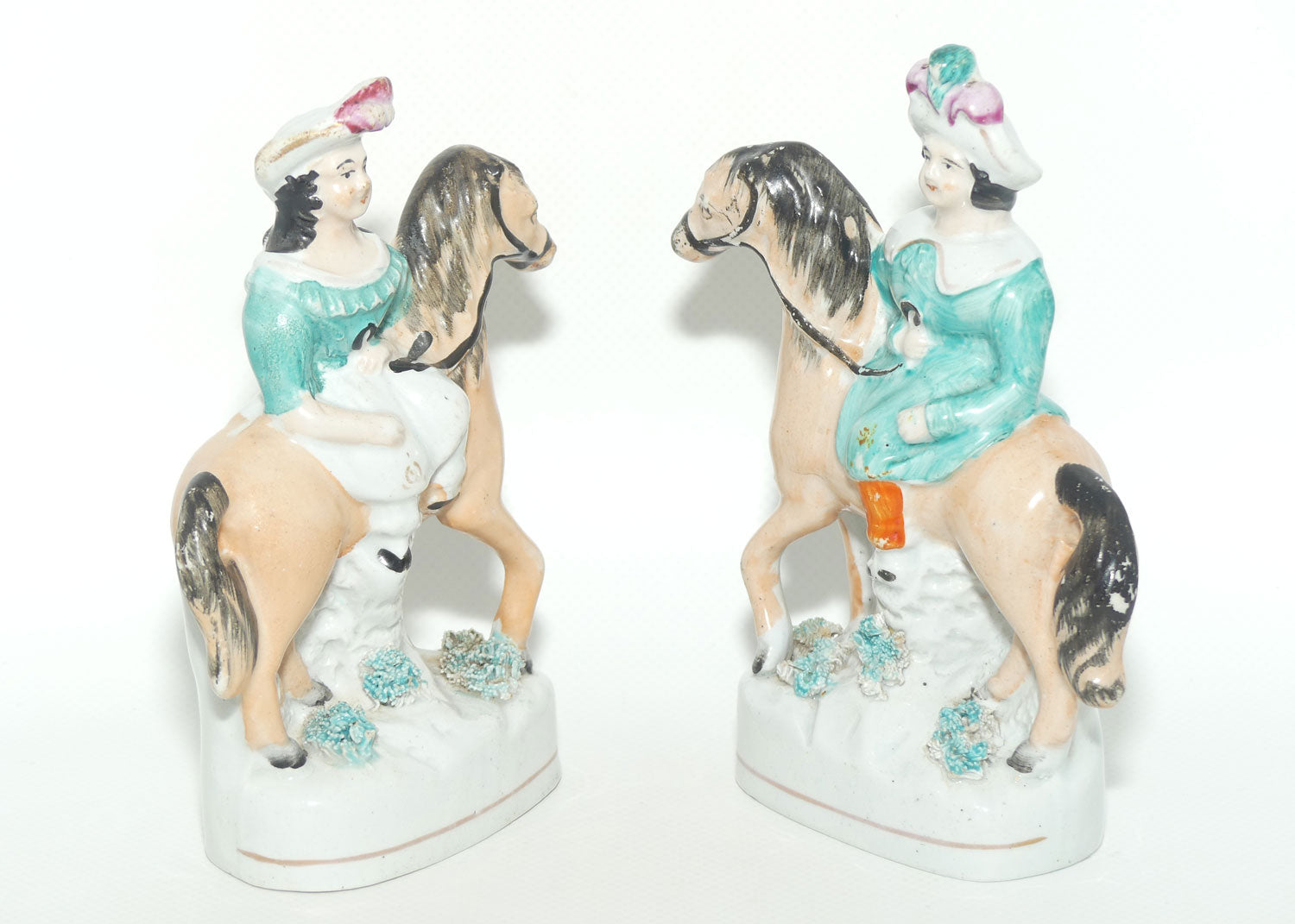 Antique Staffordshire Pottery Pair of Flatback Figures | Man and Lady on Horses