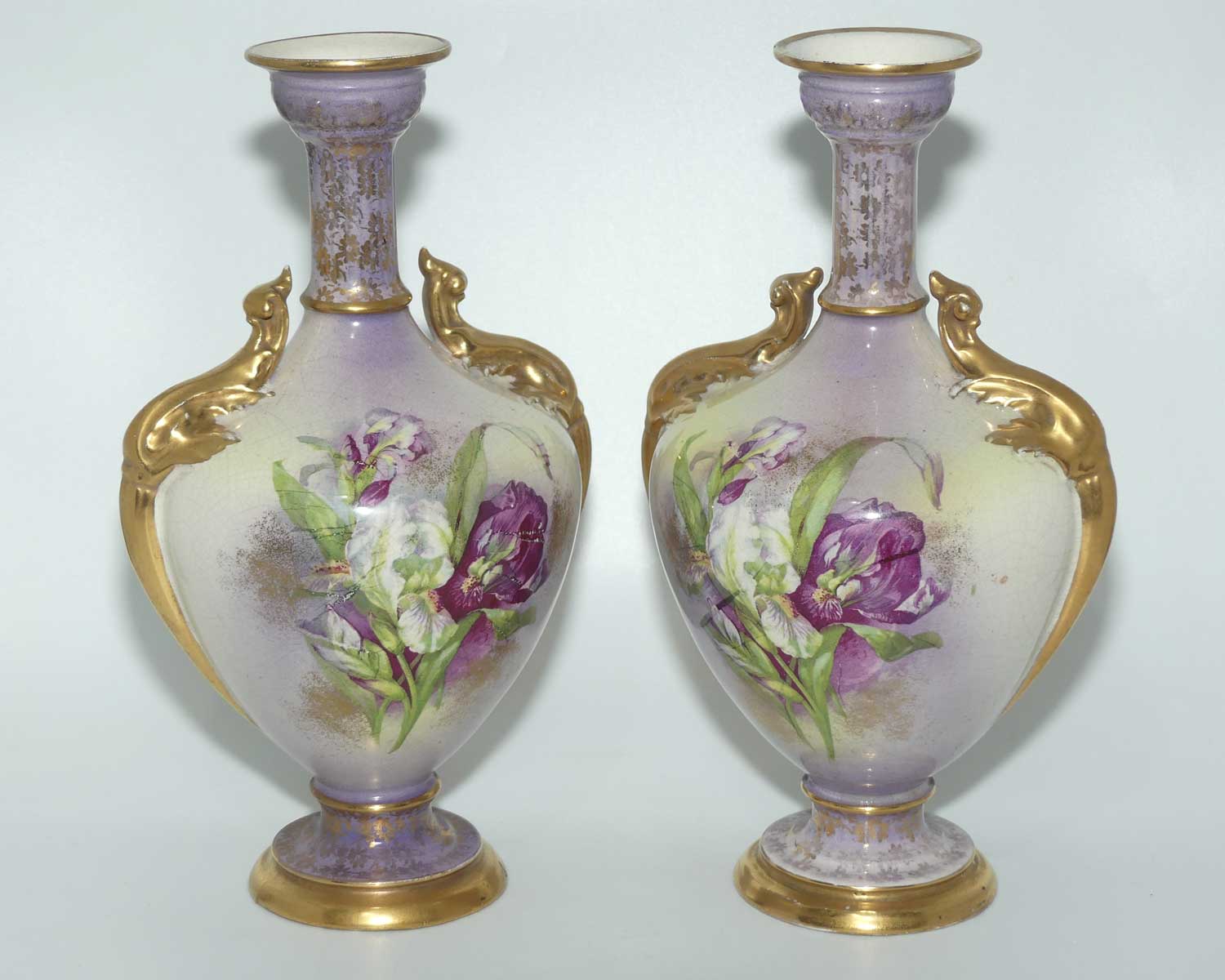 Pair of Victorian era Staffordshire vases | Gilt decoration and Purple tones