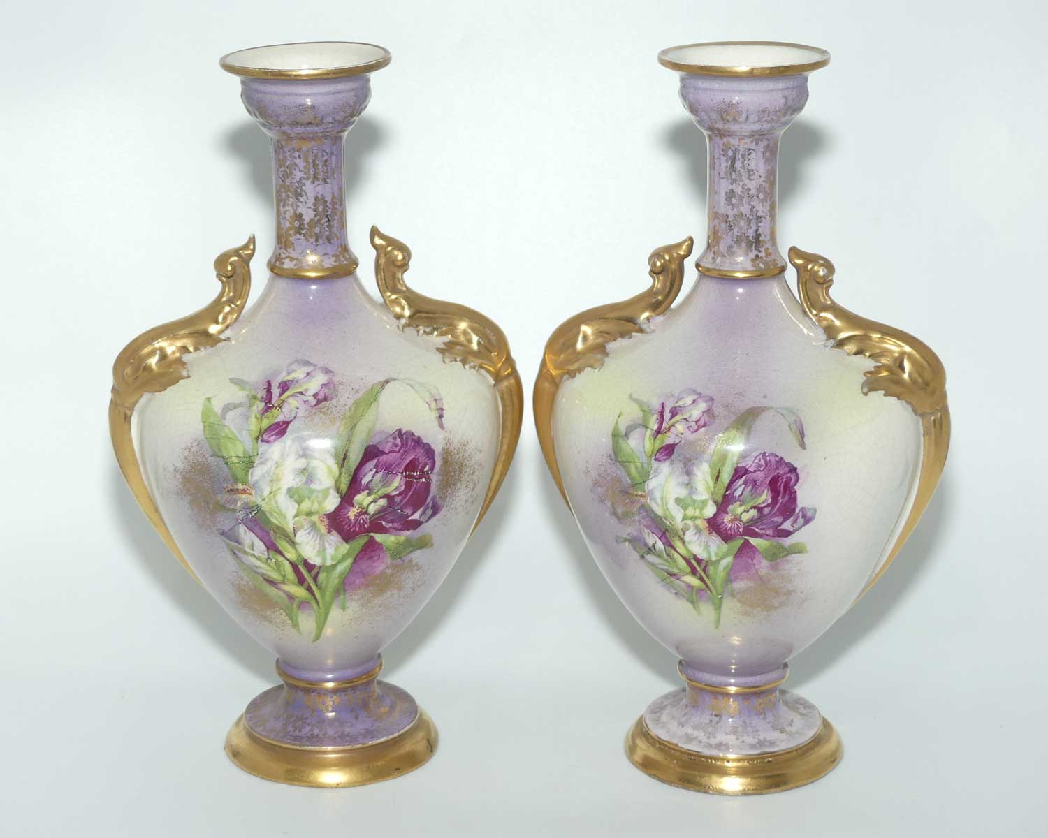 Pair of Victorian era Staffordshire vases | Gilt decoration and Purple tones