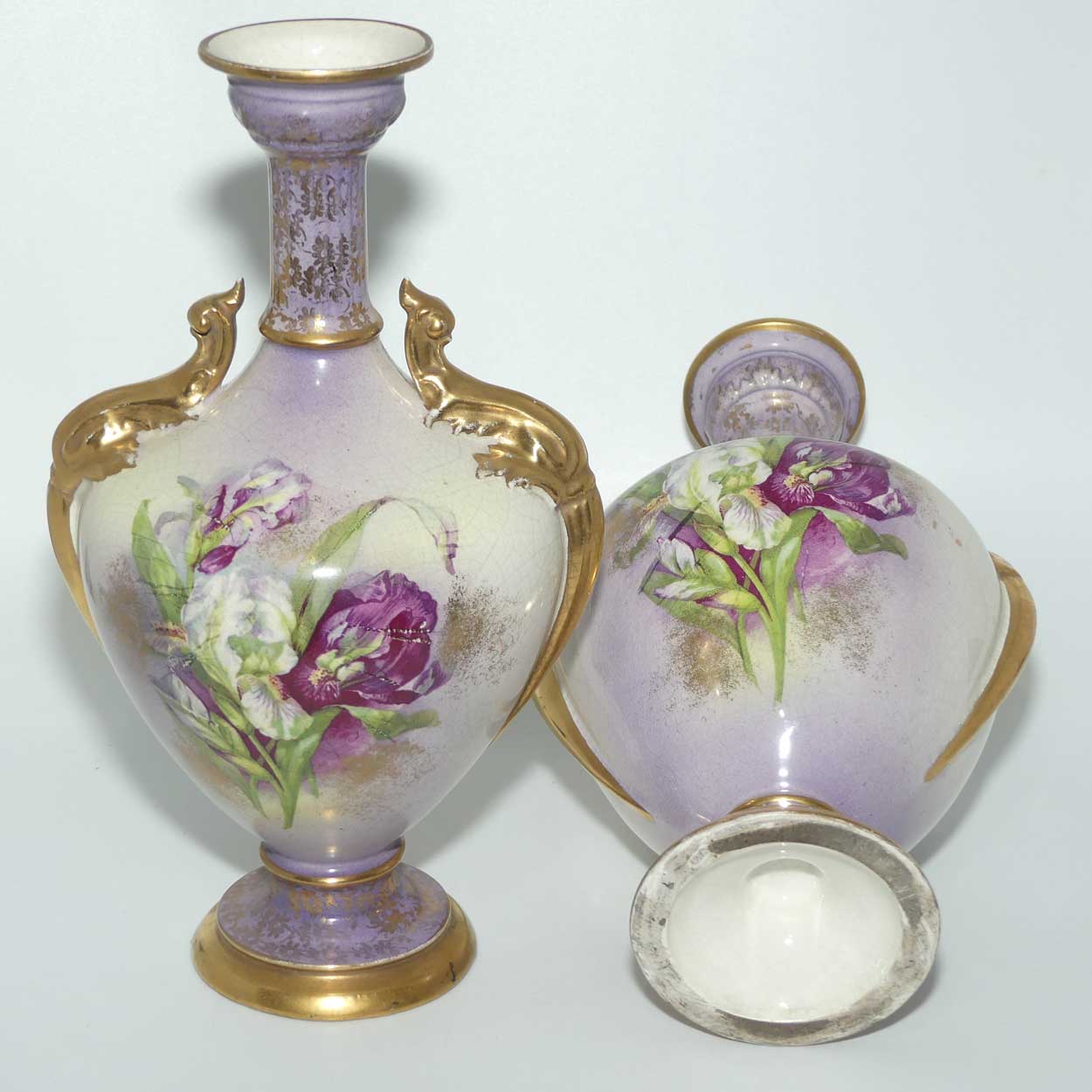 Pair of Victorian era Staffordshire vases | Gilt decoration and Purple tones