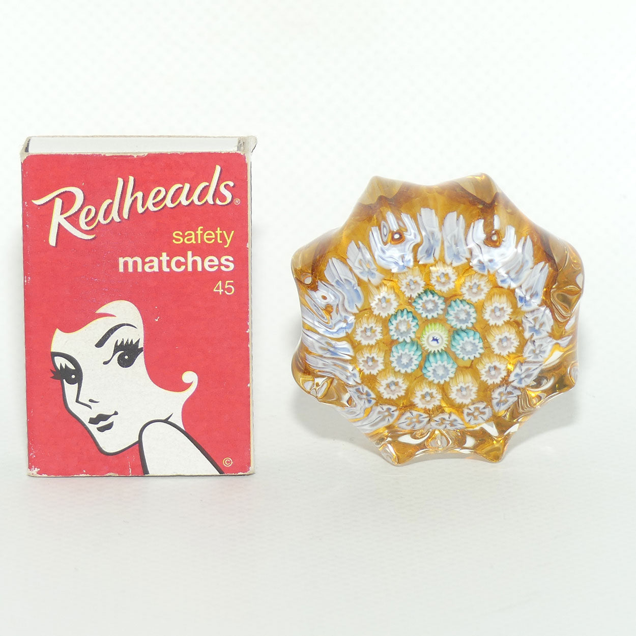 John Deacons Scotland Millefiori Silhouette Cane miniature paperweight | Star | Amber