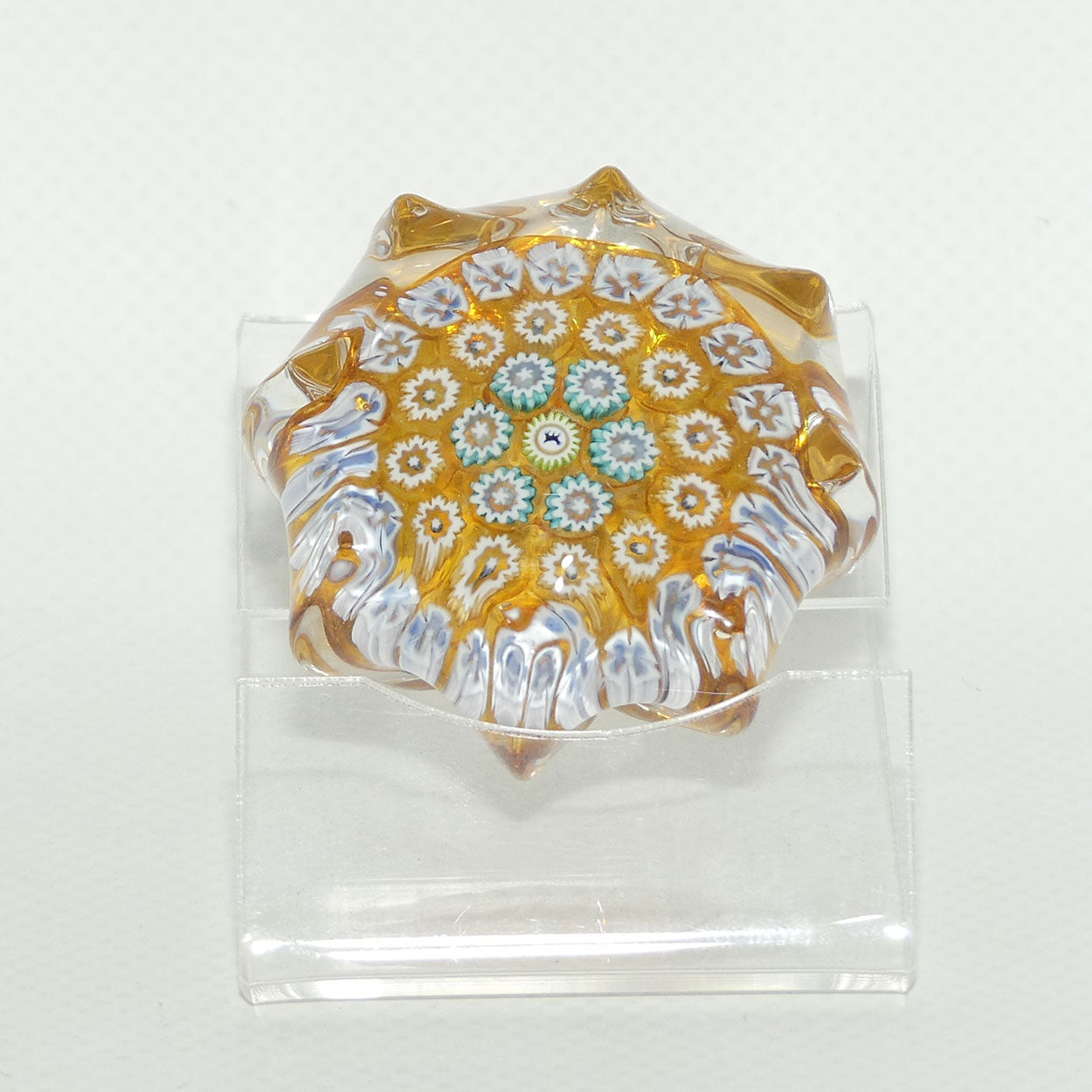 John Deacons Scotland Millefiori Silhouette Cane miniature paperweight | Star | Amber