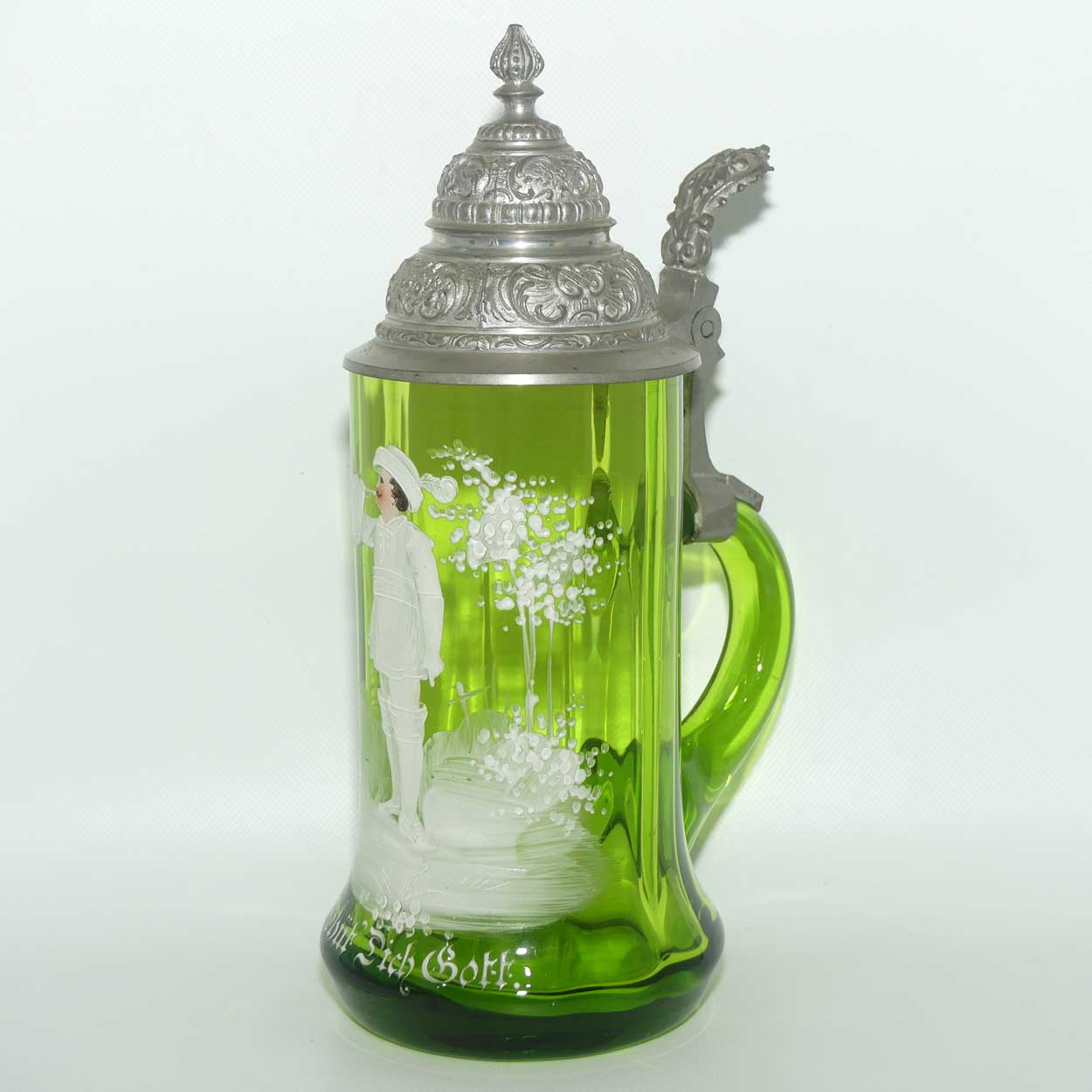 Green Mary Gregory glass Stein Behut Dich Gott