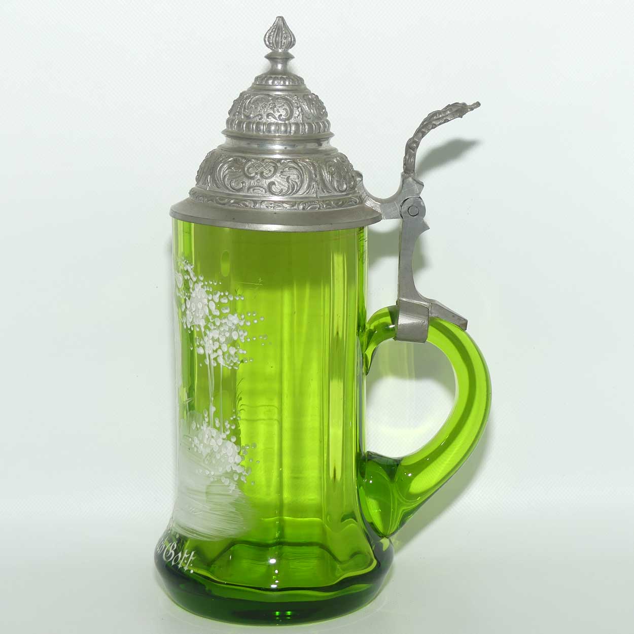 Green Mary Gregory glass Stein Behut Dich Gott