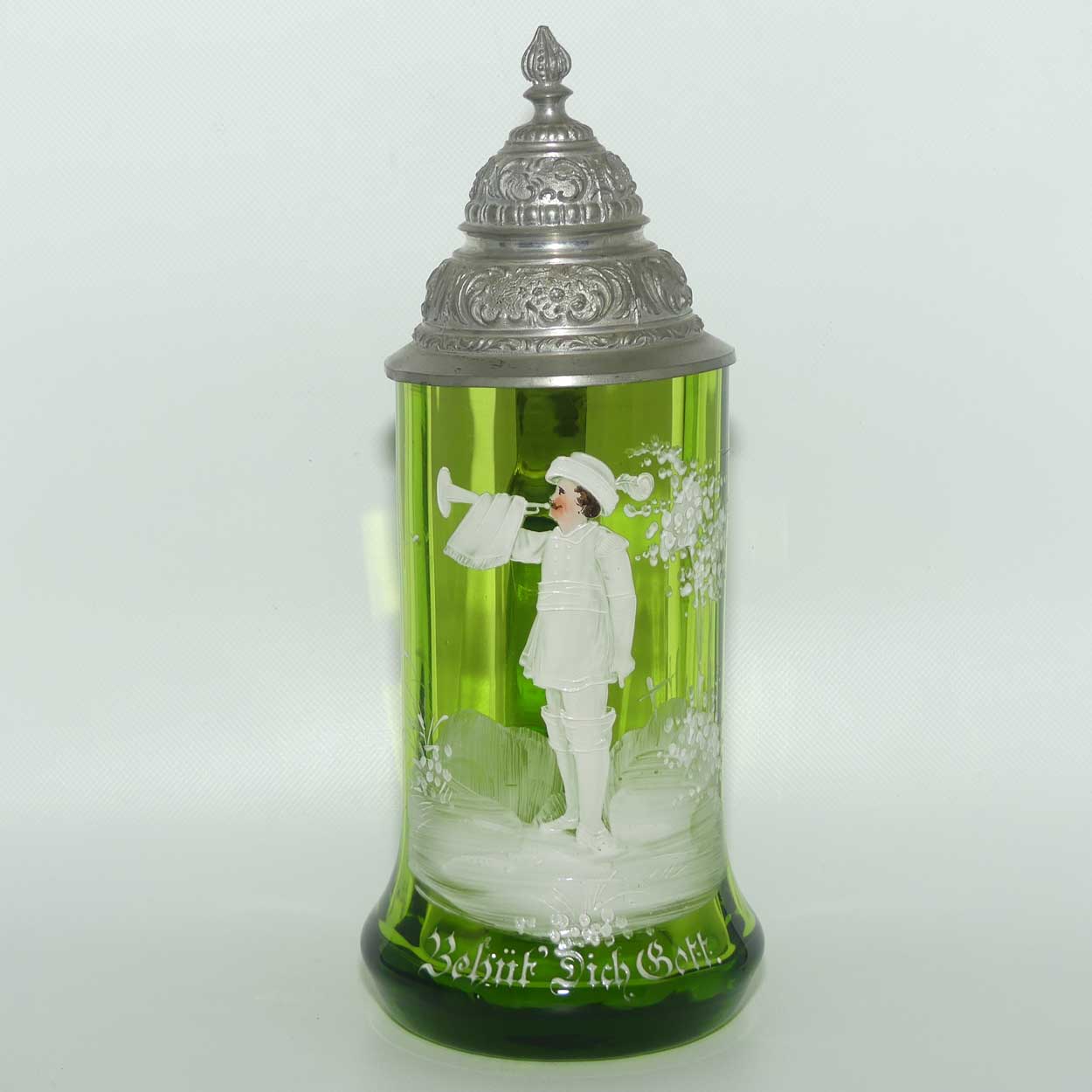 Green Mary Gregory glass Stein Behut Dich Gott