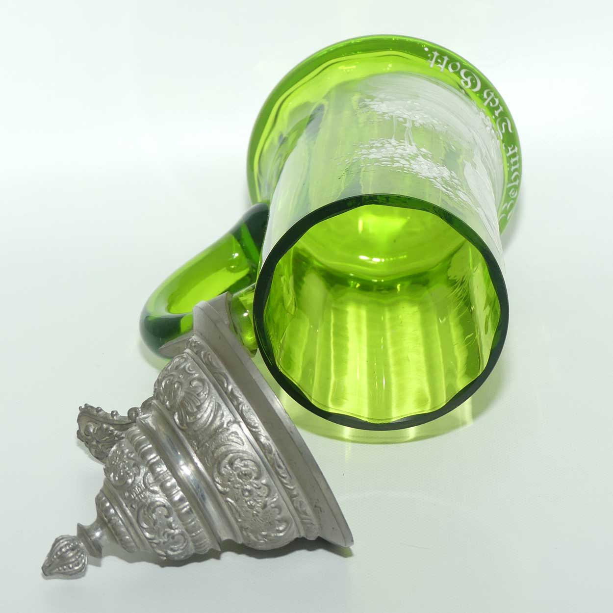 Green Mary Gregory glass Stein Behut Dich Gott
