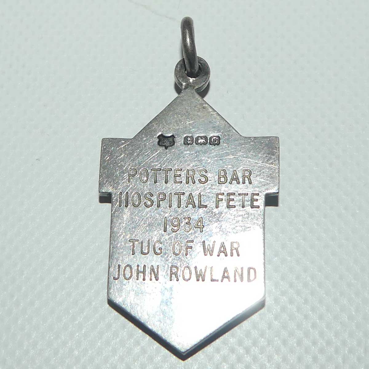 Art Deco Sterling Silver fob | Potter's Bar Hospital Fete 1934 Tug of War John Rowland | Birmingham 1931