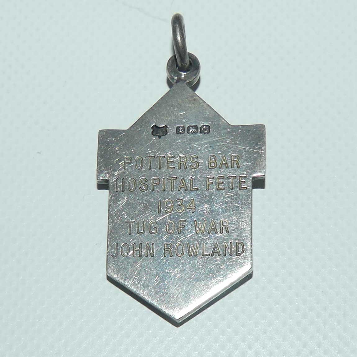 Art Deco Sterling Silver fob | Potter's Bar Hospital Fete 1934 Tug of War John Rowland | Birmingham 1931