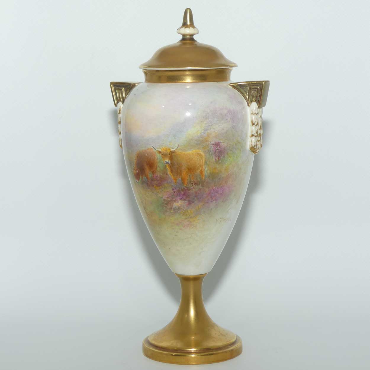 Royal Worcester hand painted Highland Cattle lidded vase with gilt | H Stinton | Shape 2713/2