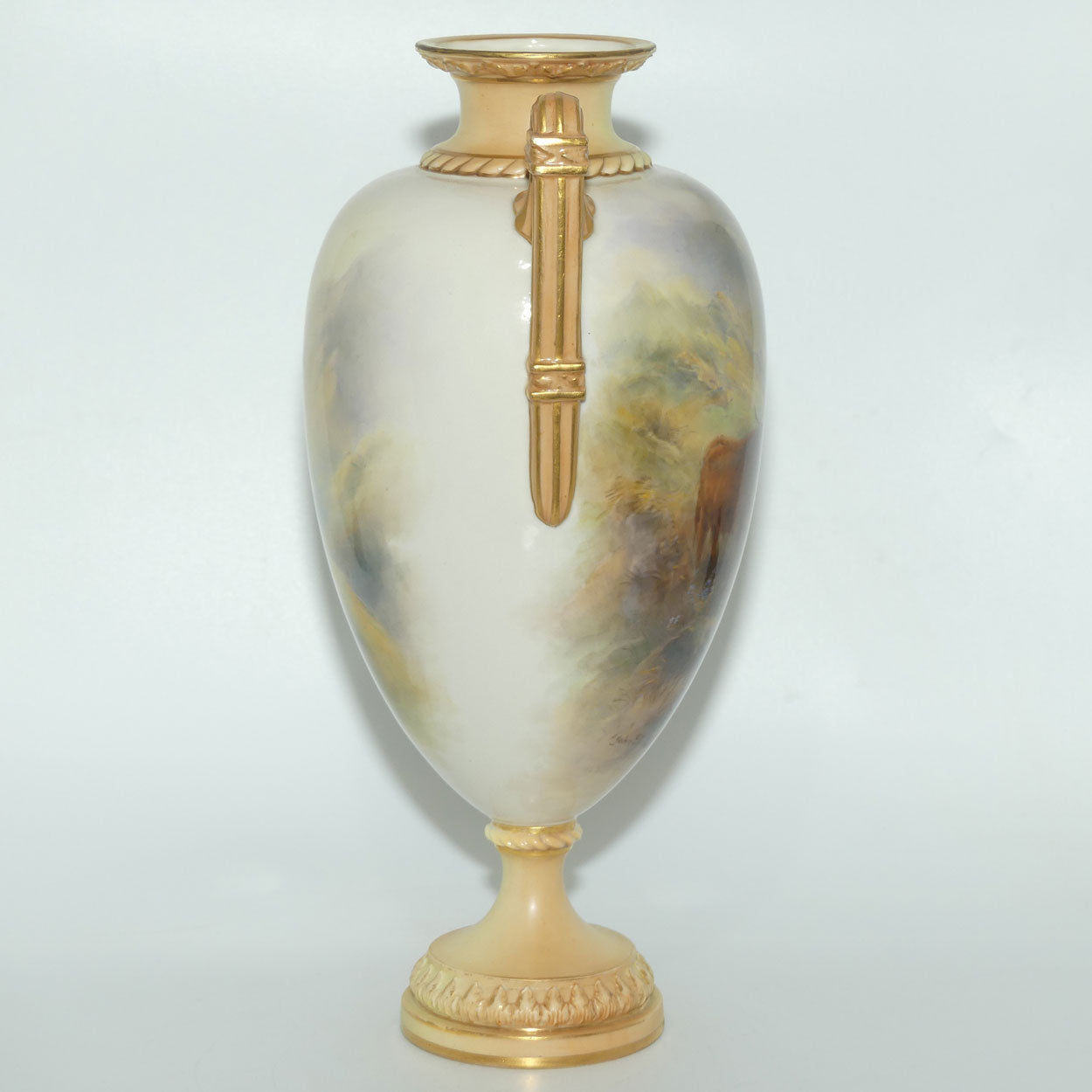 Royal Worcester hand painted twin handle Highland Cattle vase | John Stinton | #1