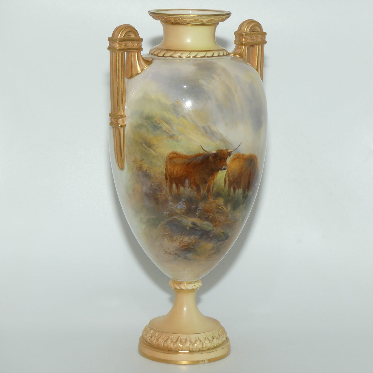 Royal Worcester hand painted twin handle Highland Cattle vase | John Stinton | #1