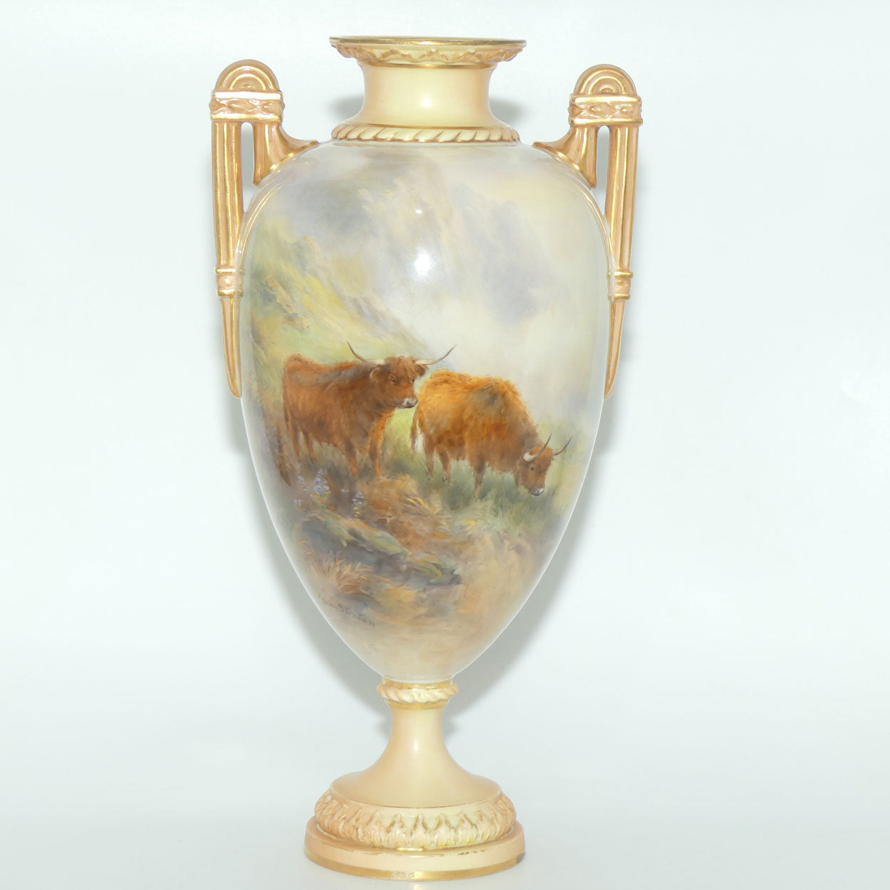 Royal Worcester hand painted twin handle Highland Cattle vase | John Stinton | #1