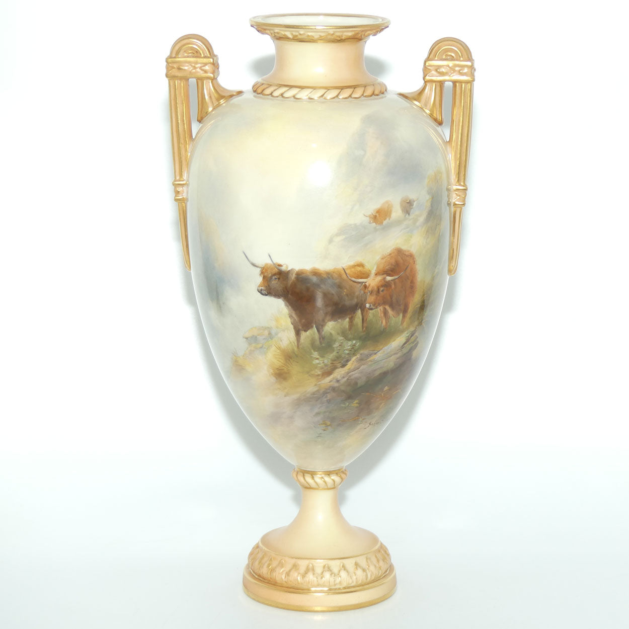 Royal Worcester hand painted twin handle Highland Cattle vase | John Stinton | #2