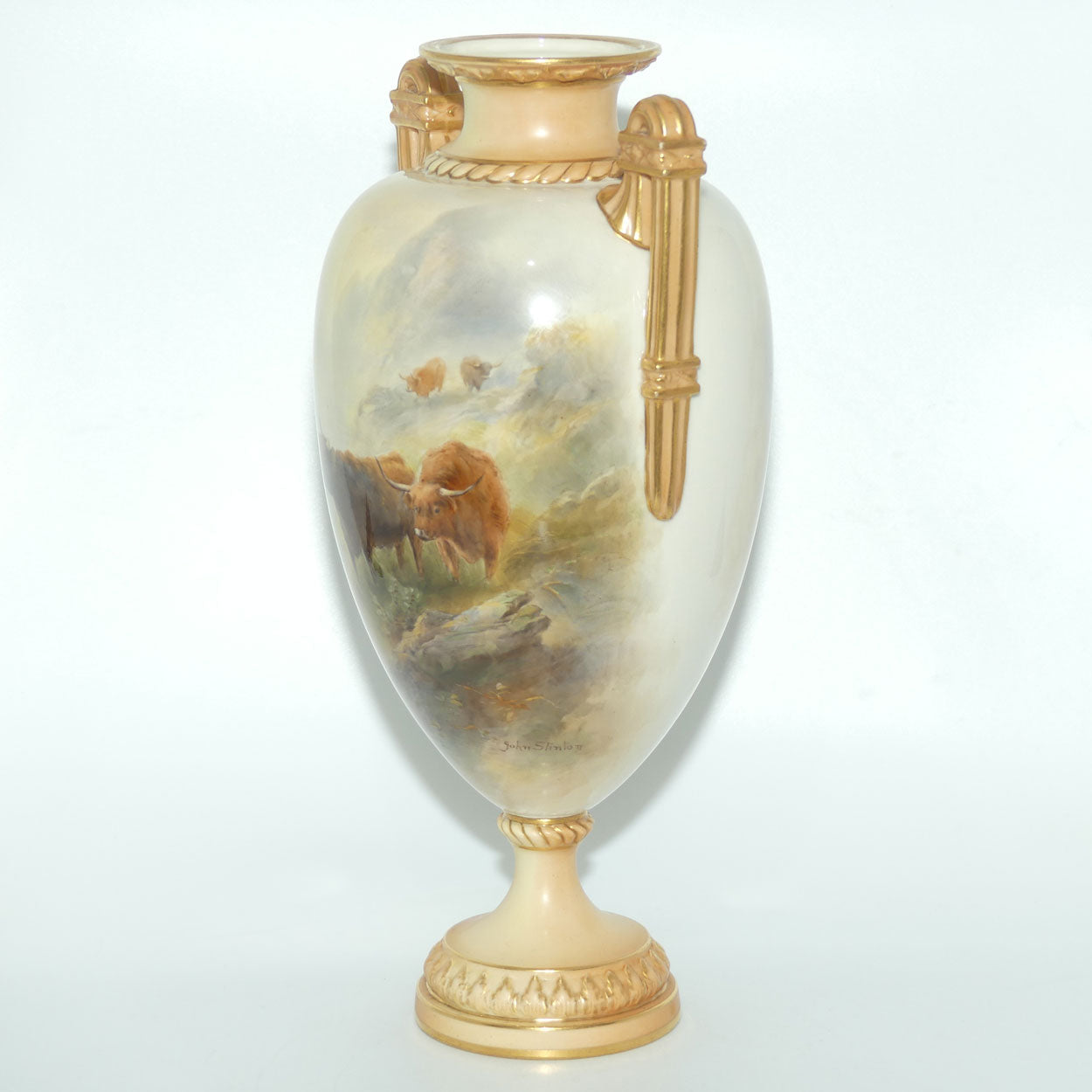 Royal Worcester hand painted twin handle Highland Cattle vase | John Stinton | #2