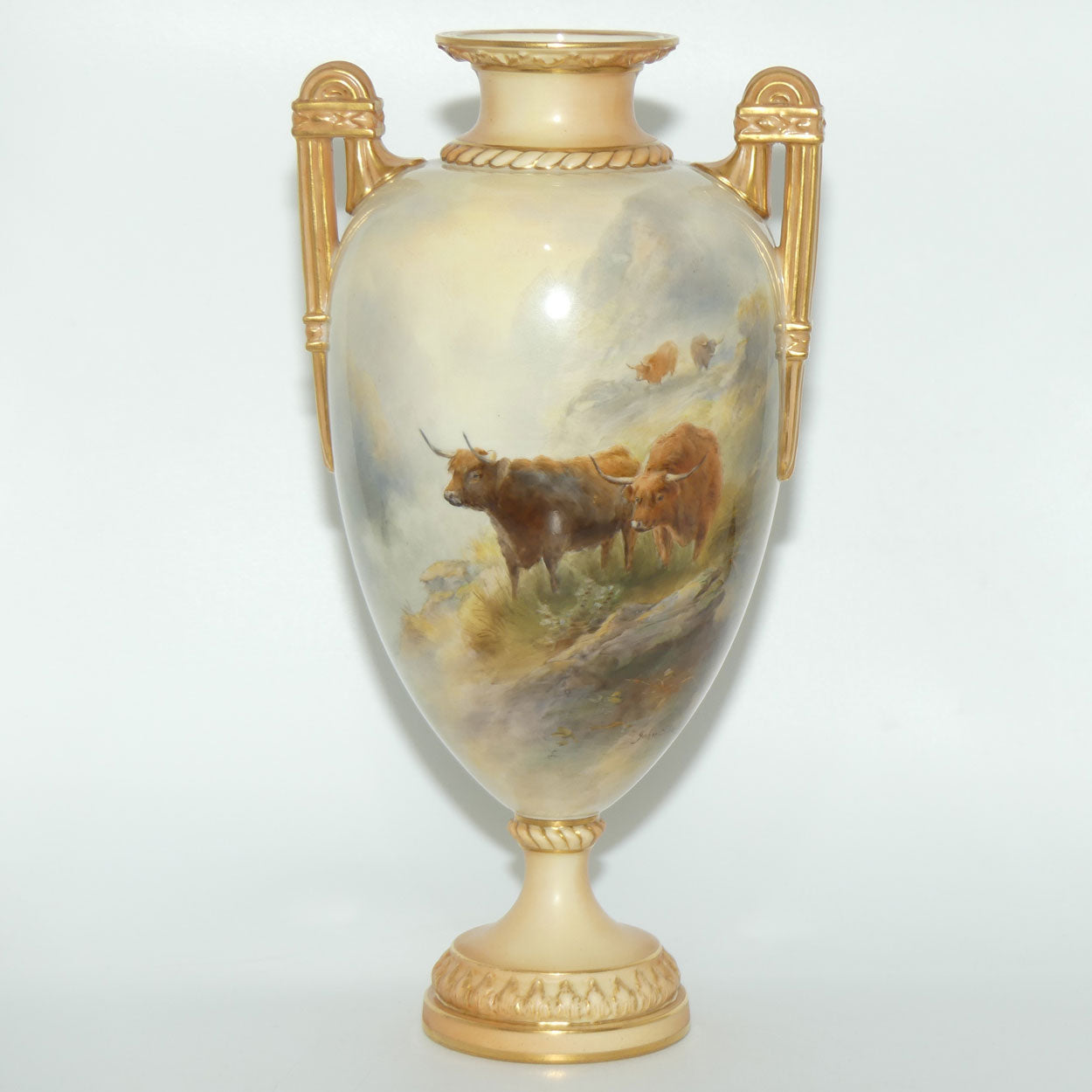 Royal Worcester hand painted twin handle Highland Cattle vase | John Stinton | #2