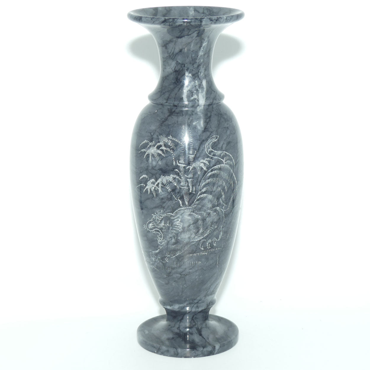 Vintage Black Marble vase decorated with etched Sumatran Tiger | 30cm tall
