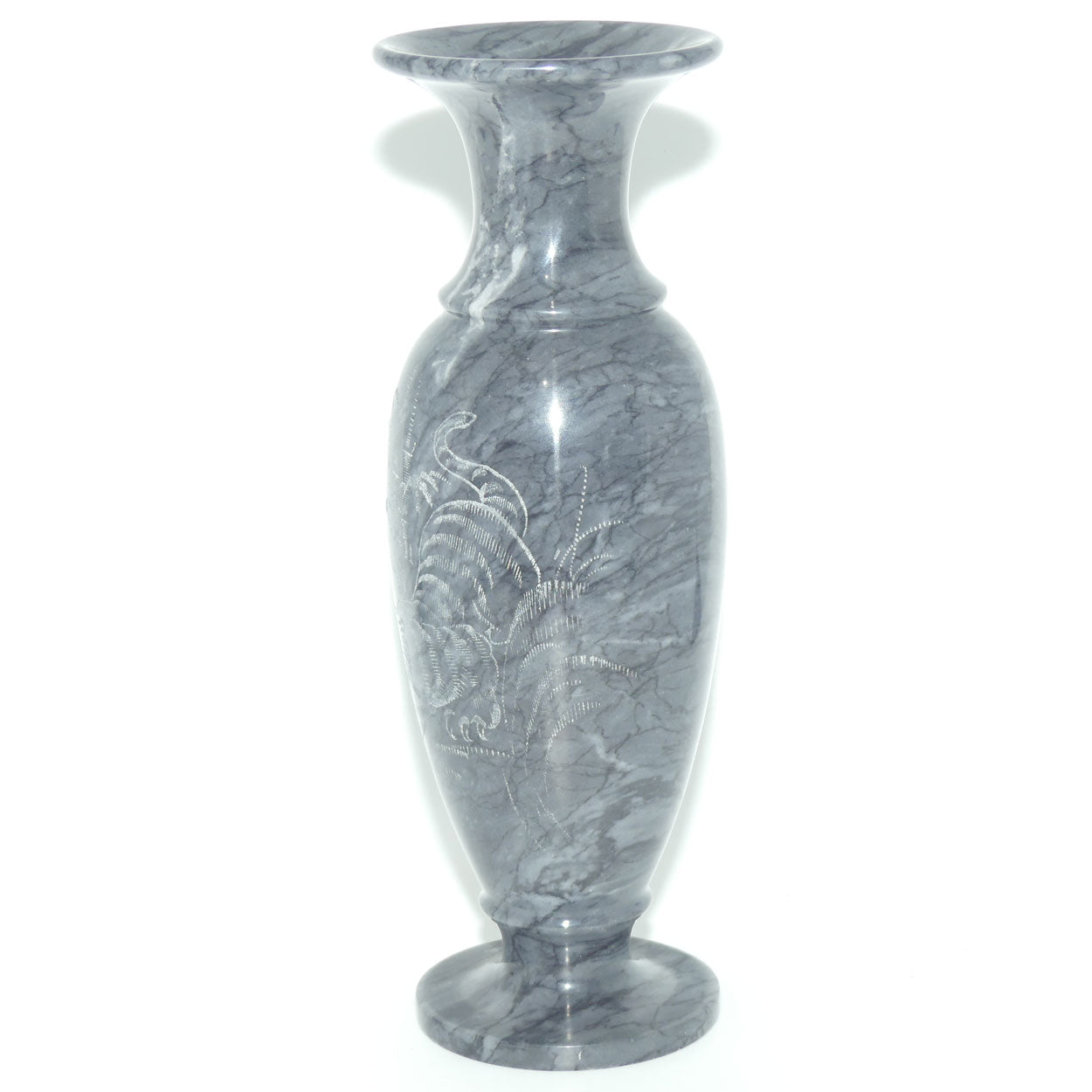 Vintage Black Marble vase decorated with etched Sumatran Tiger | 30cm tall
