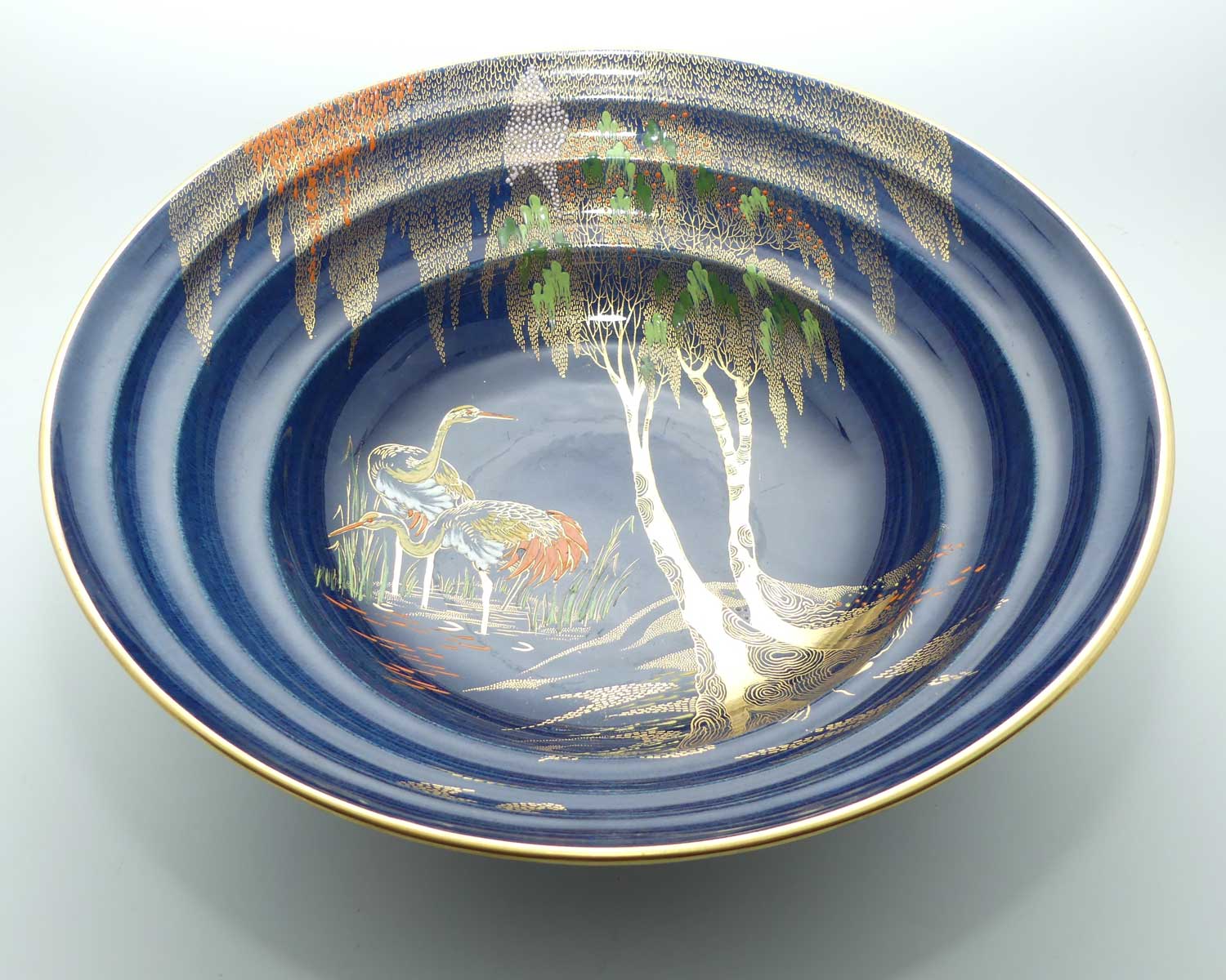 Carlton Ware very large round bowl | Storks on Blue Ground | 31.5cms diam