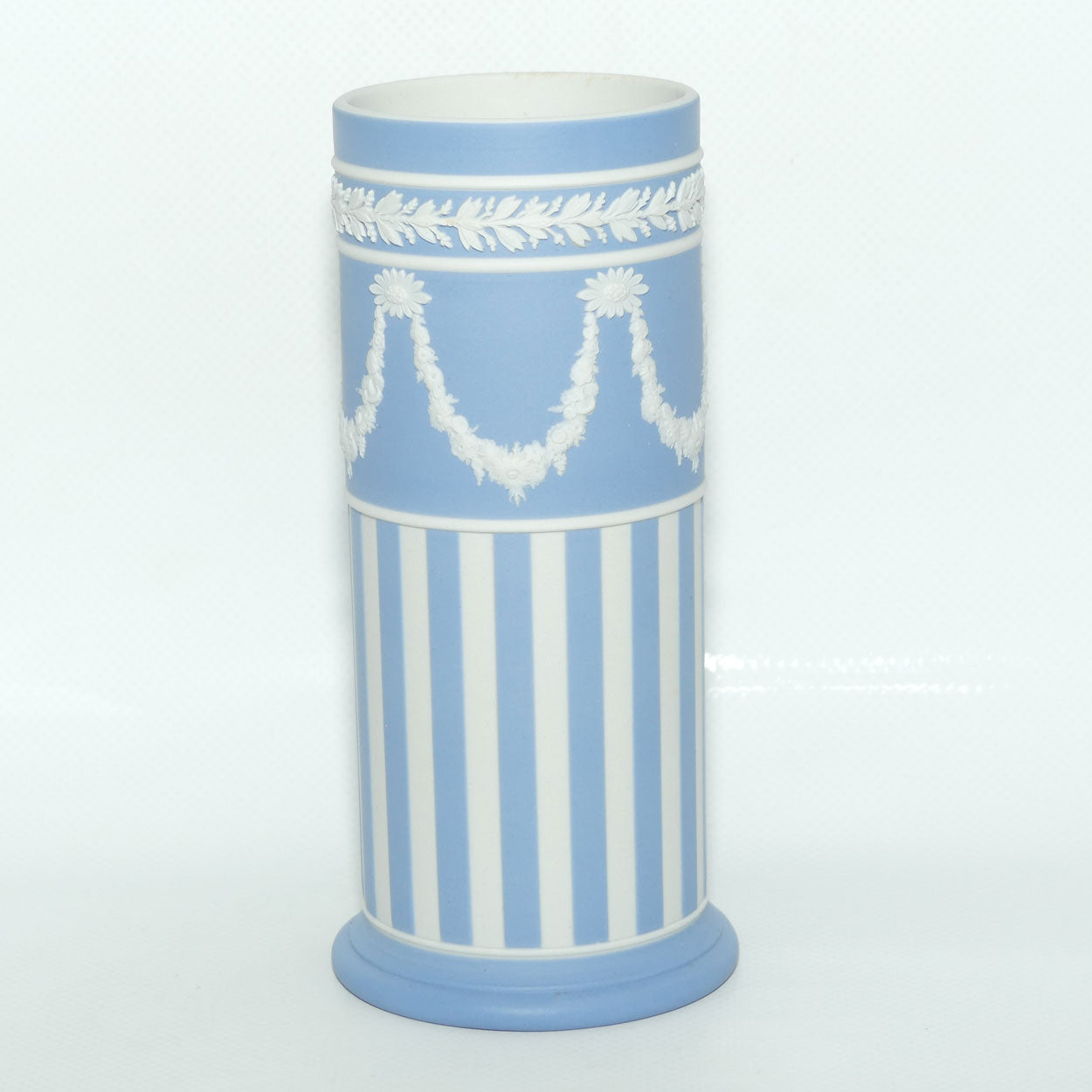 Wedgwood Jasper | White on Pale Blue | Vertical Stripes with Neoclassical Garland cylinder vase