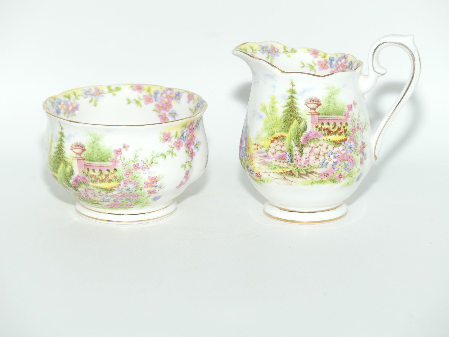 Royal Albert Bone China Kentish Rockery pattern milk and sugar | coffee size | older Hampton shape