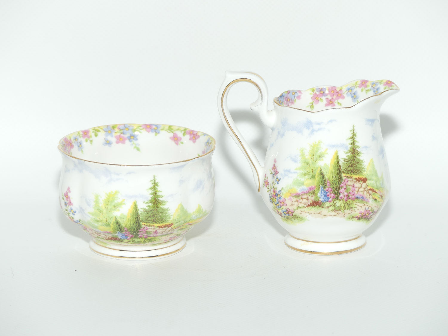 Royal Albert Bone China Kentish Rockery pattern milk and sugar | coffee size | older Hampton shape