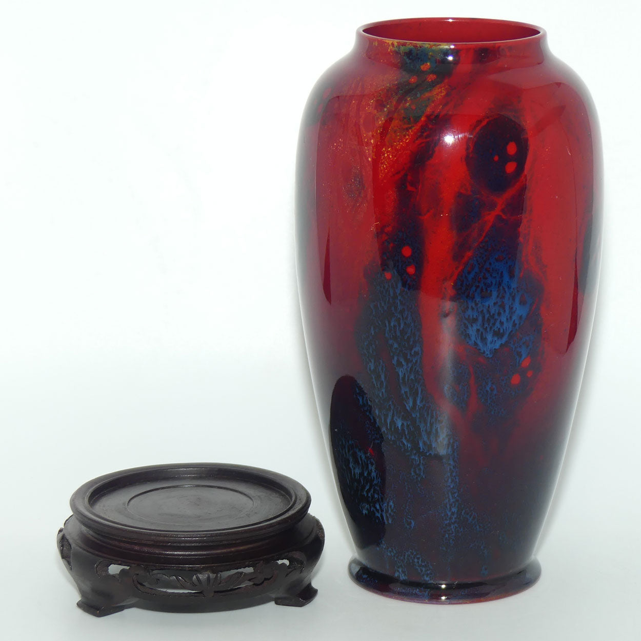 Royal Doulton Flambe Sung vase on wooden stand | signed Noke and Allen