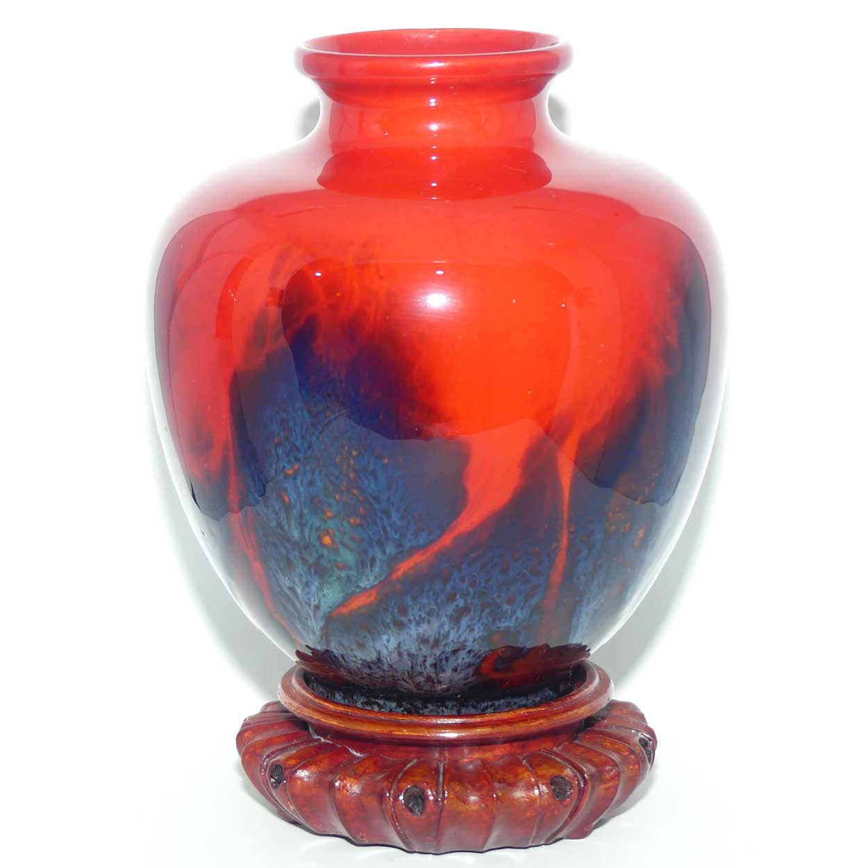 Royal Doulton Flambe Sung veined and mottled bulbous vase | signed FM Moore