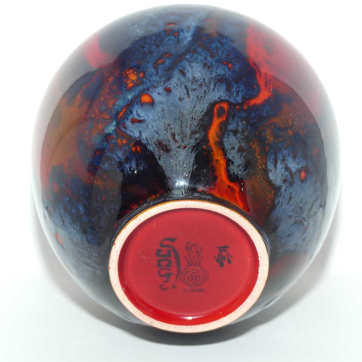 Royal Doulton Flambe Sung veined and mottled bulbous vase | signed FM Moore