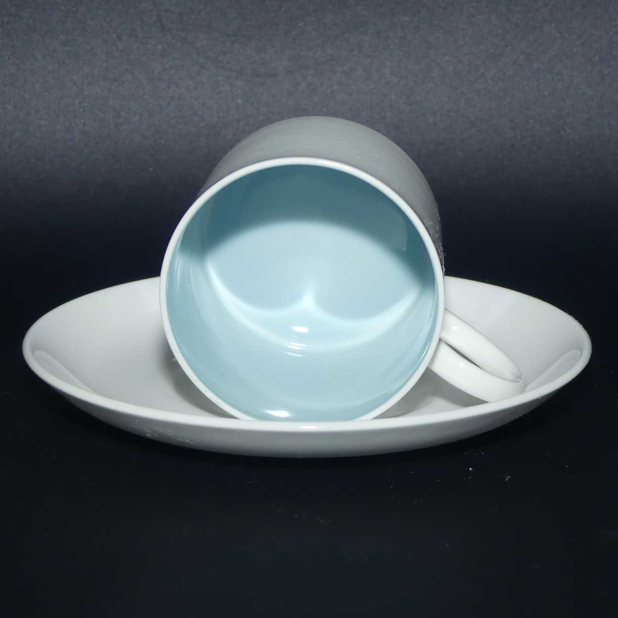 Susie Cooper coffee can and saucer | Greyish Sky Blue Interior and White