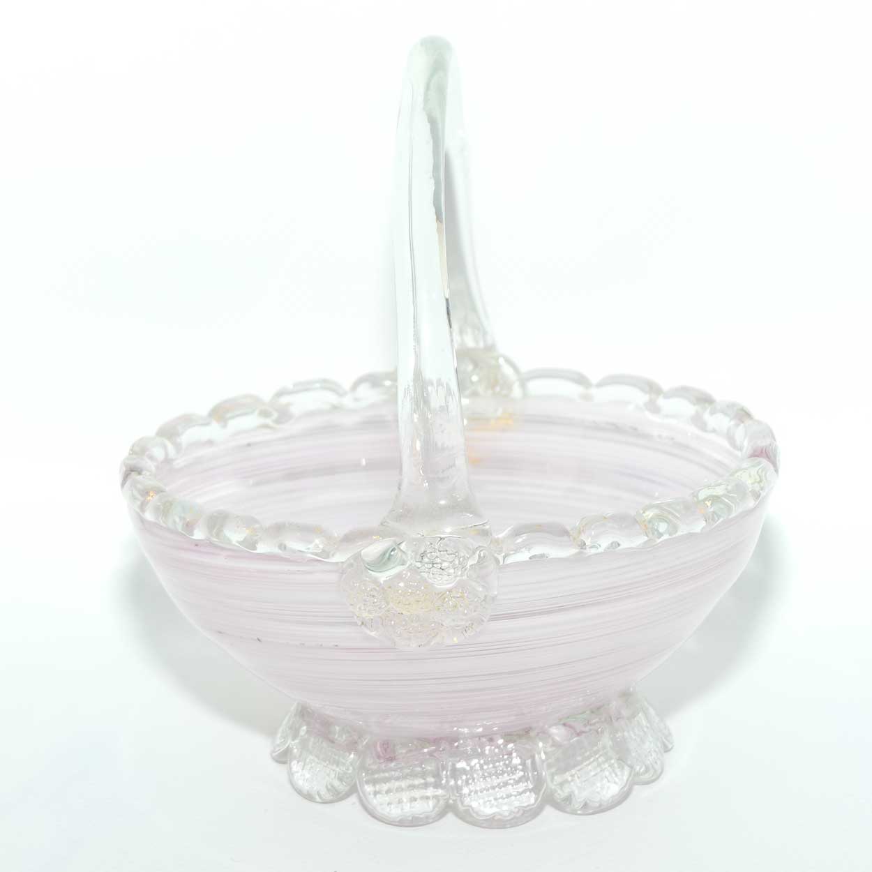 Pink Swirl Murano glass basket with crimped feet and applied handle