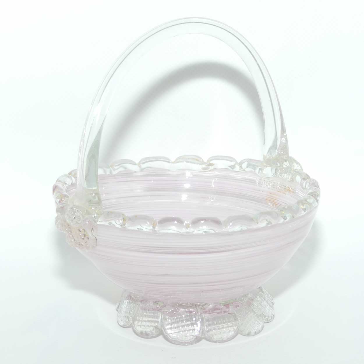 Pink Swirl Murano glass basket with crimped feet and applied handle