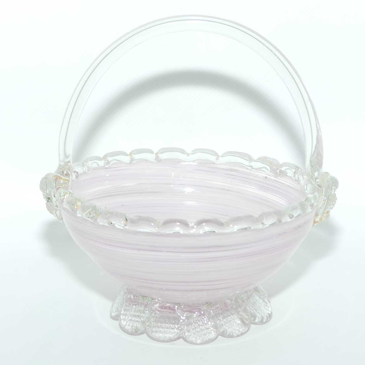 Pink Swirl Murano glass basket with crimped feet and applied handle