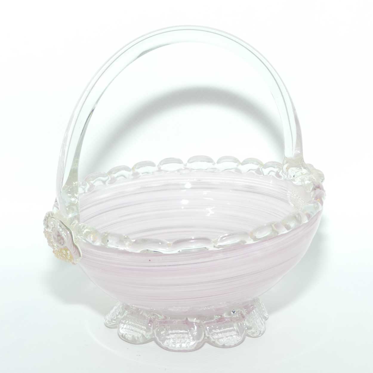 Pink Swirl Murano glass basket with crimped feet and applied handle