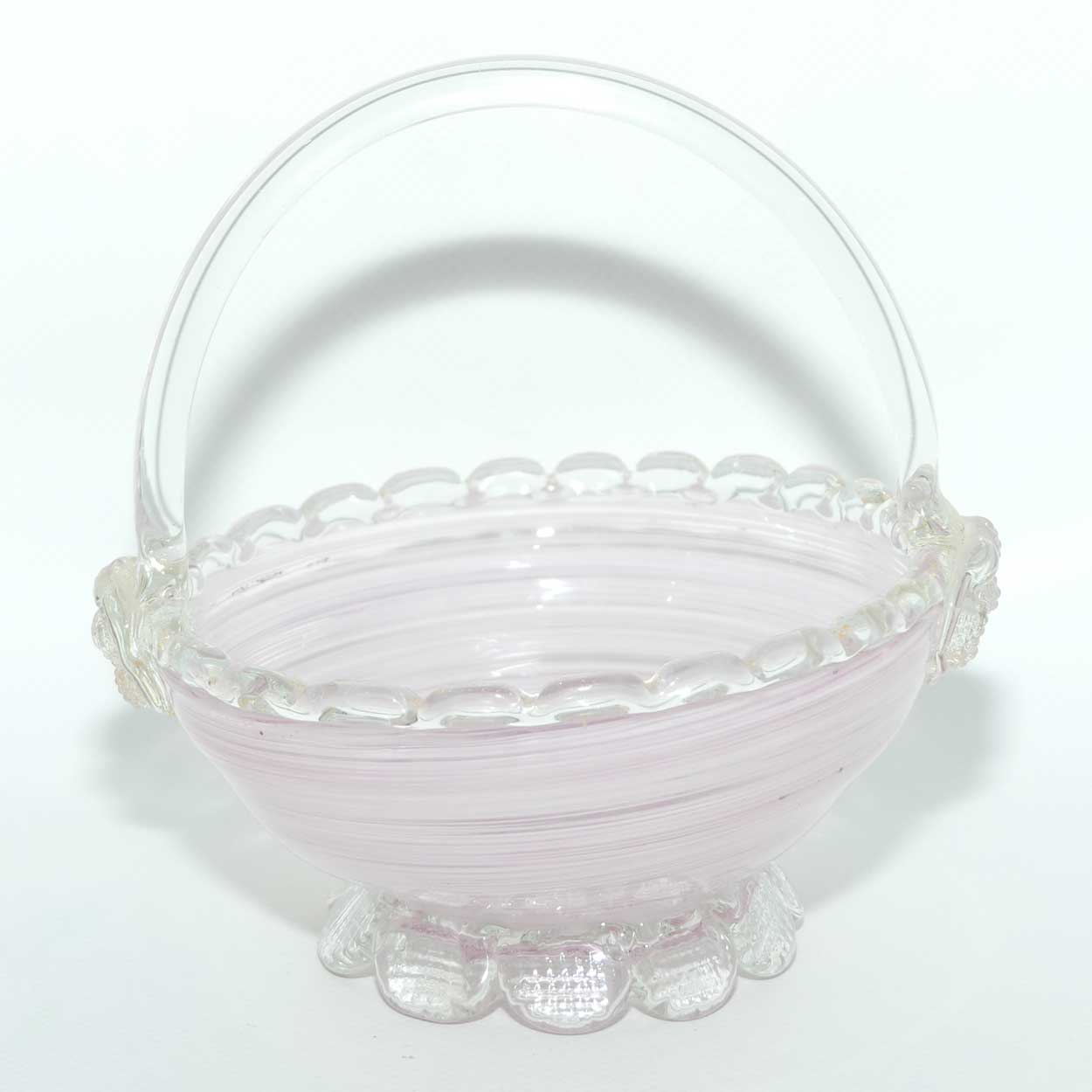 Pink Swirl Murano glass basket with crimped feet and applied handle