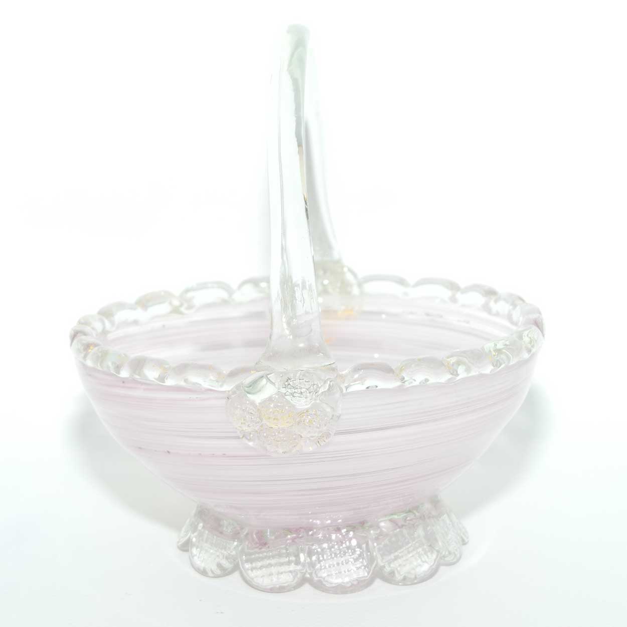 Pink Swirl Murano glass basket with crimped feet and applied handle