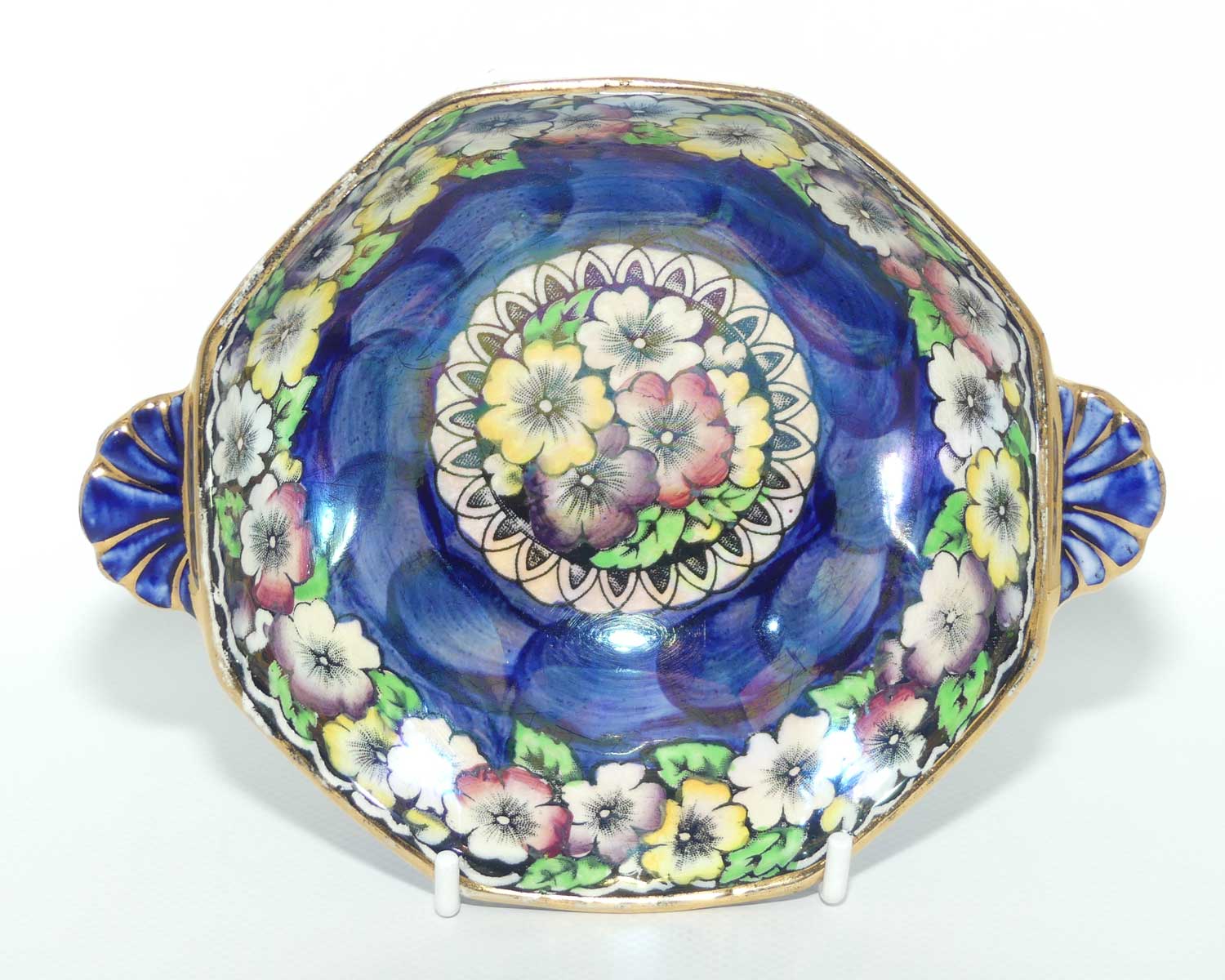 Maling tab handle octagonal dish | Climbing Roses | Thumbprint Blue